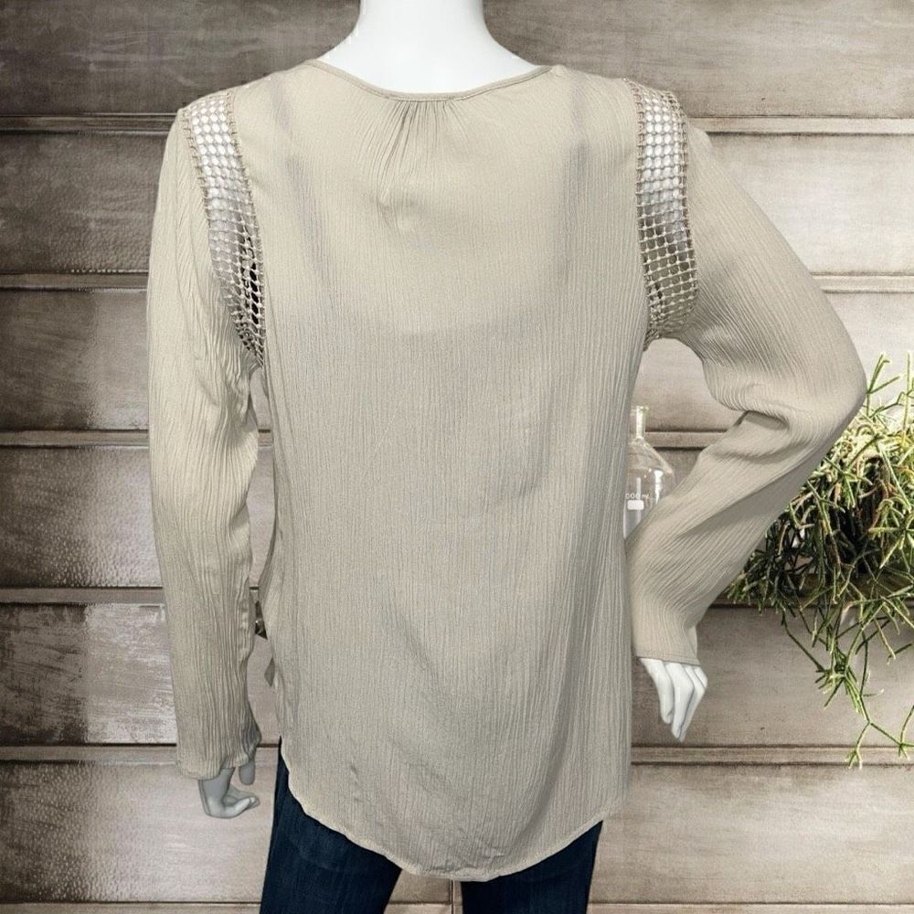 BOHO Embroidered Peasant Top Taupe Beige Tan Crepe Joseph A. Sz S - Picture 5 of 9